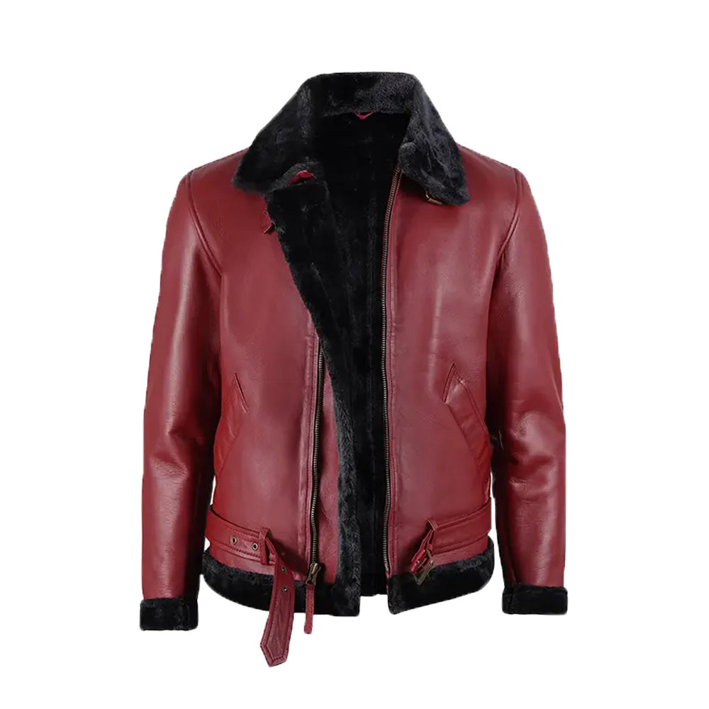 Men's Maroon Leather Shearling Bomber Jacket The Leather Fit