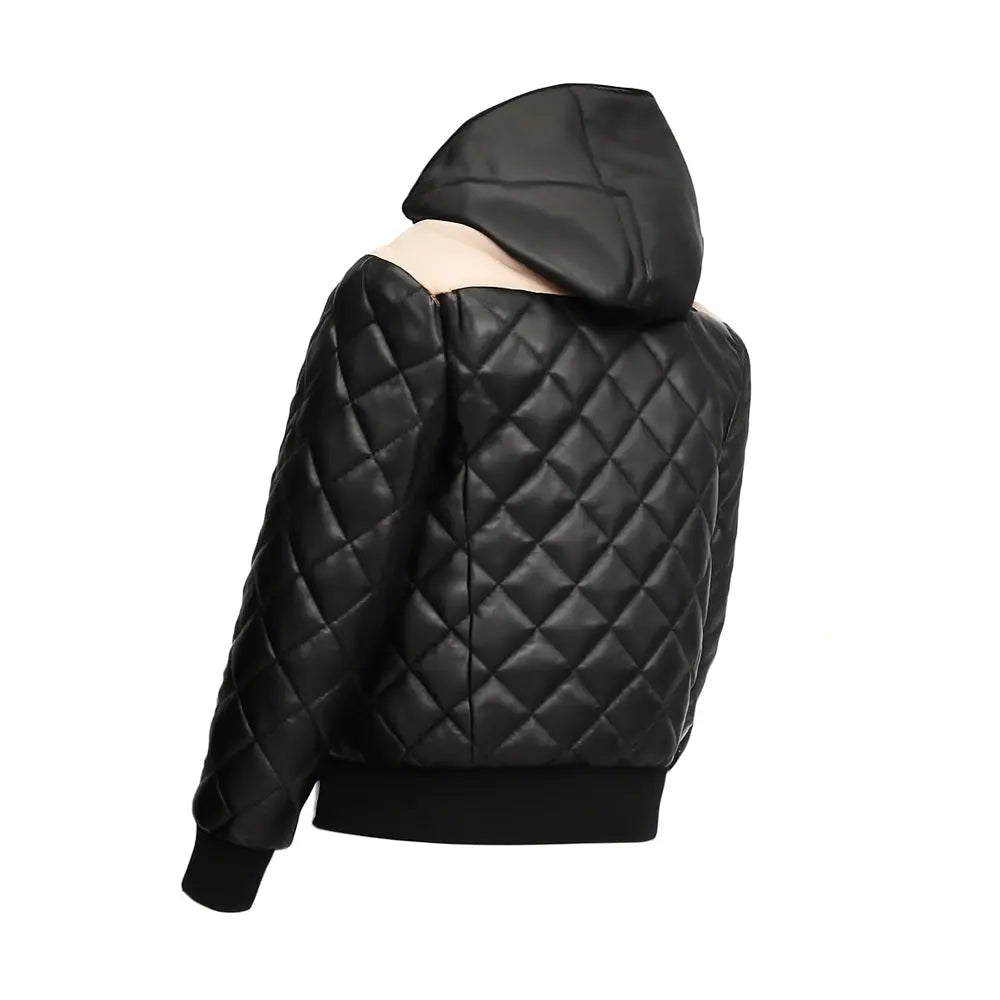 Hooded Bomber Puffer Leather Jacket Black The Leather Fit