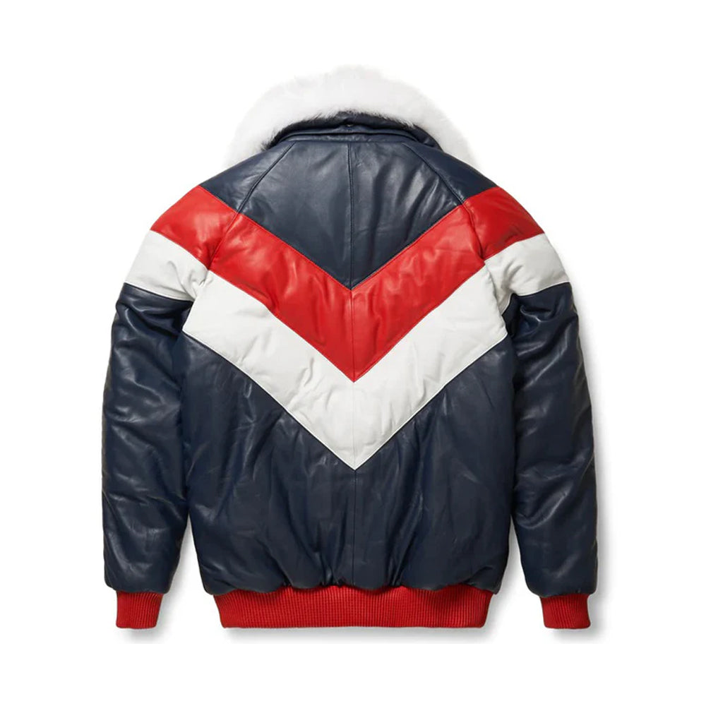 Men's Leather V-Bomber Jacket Red-Blue The Leather Fit