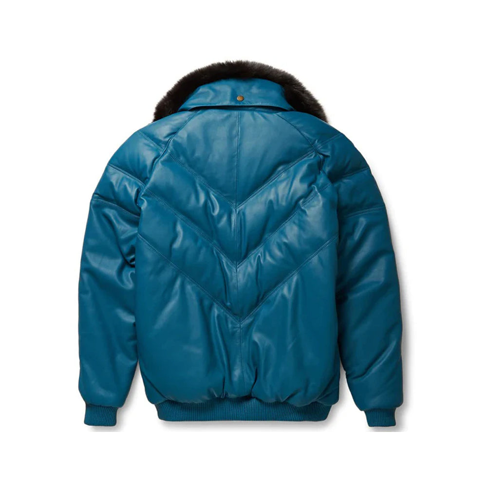 Men's Teal Leather V-Bomber Jacket The Leather Fit