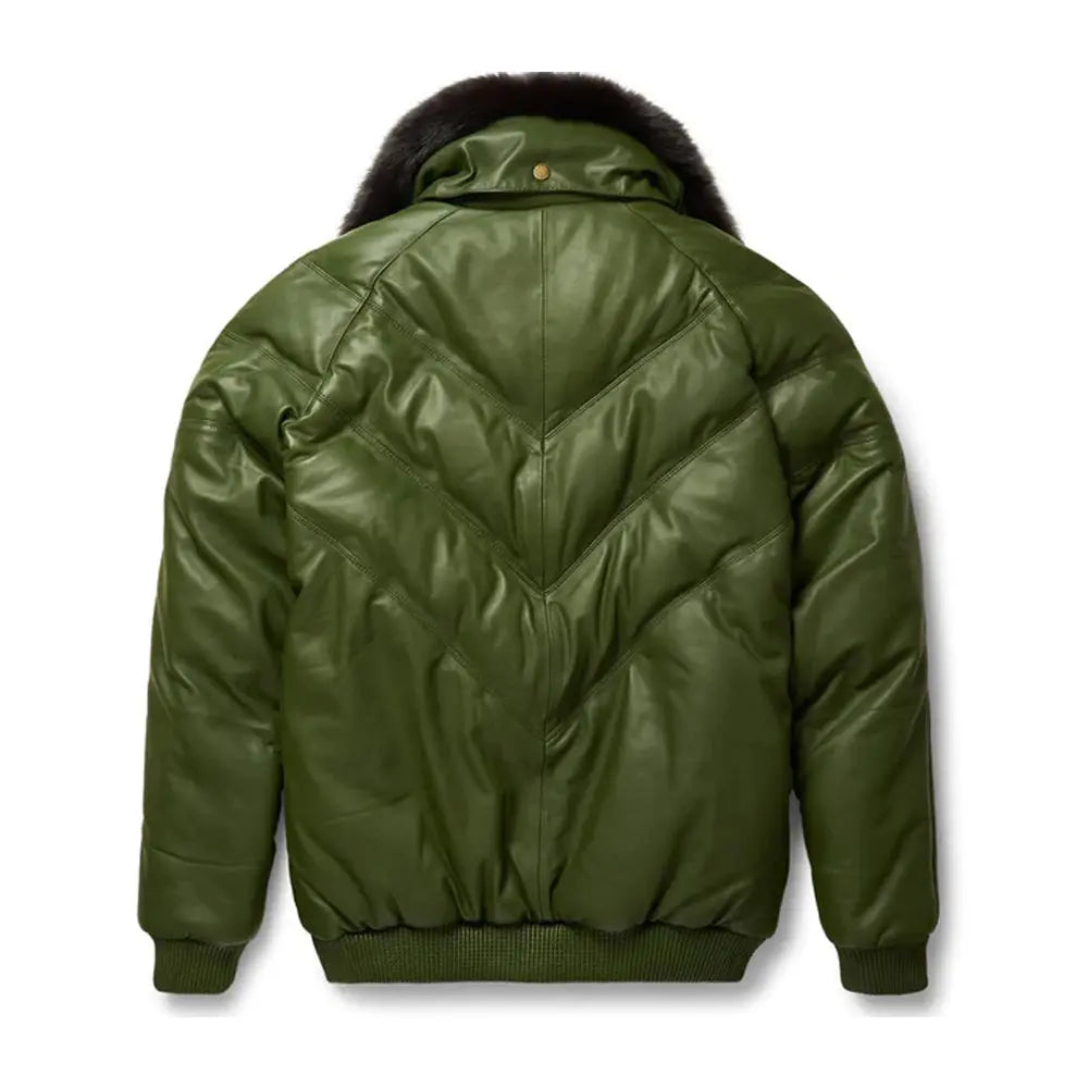 Men's Olive Leather V-Puffer Jacket The Leather Fit