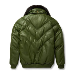 Men's Olive Leather V-Puffer Jacket The Leather Fit