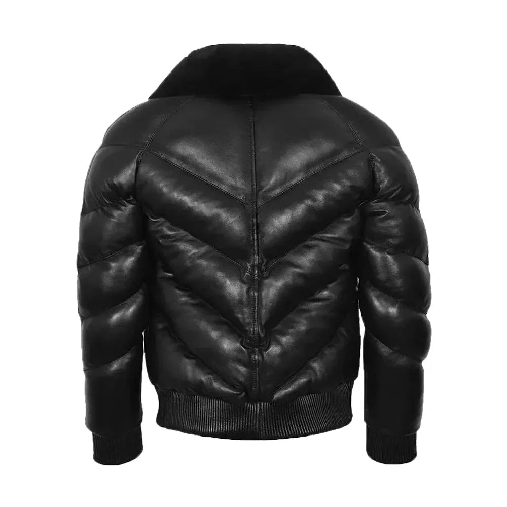 Puffer Padded Fur Bomber Leather Jacket Black The Leather Fit