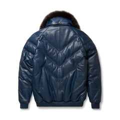 Men's Navy Leather V-Bomber Jacket The Leather Fit
