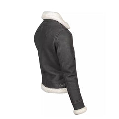 Women White Shearling Fur Leather Bomber Grey Jacket The Leather Fit