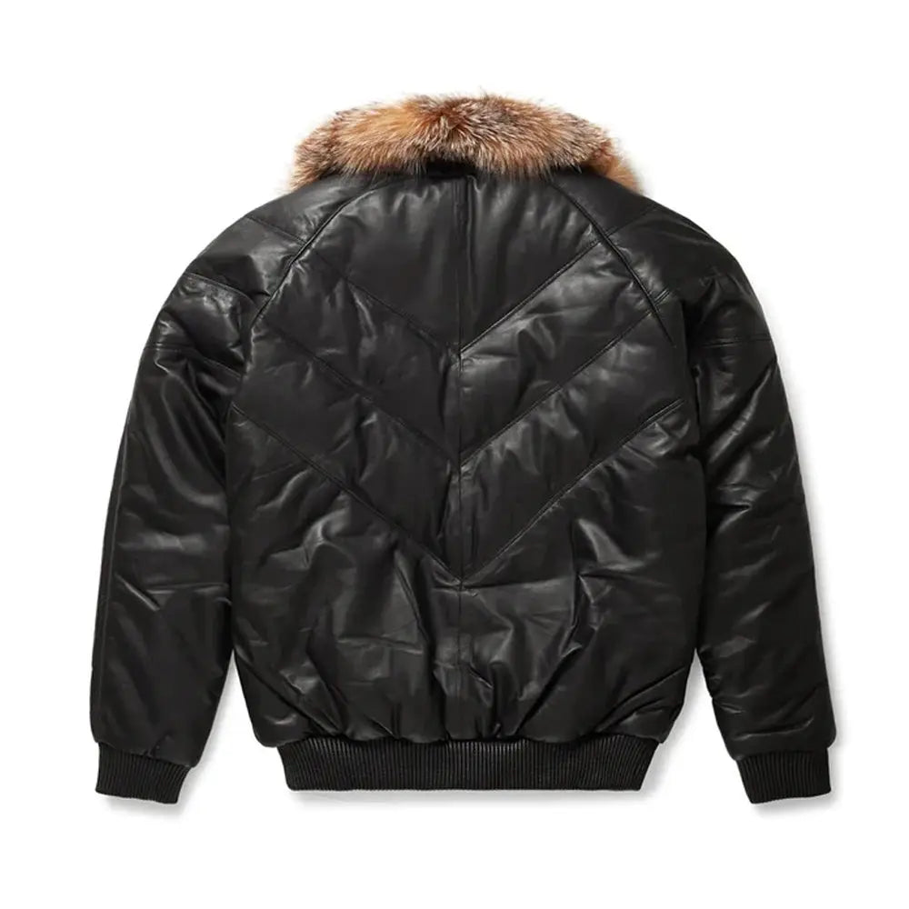 Men's Black Leather V-Bomber Jacket with Crystal Faux Fur The Leather Fit