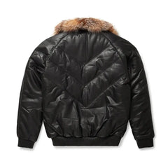 Men's Black Leather V-Bomber Jacket with Crystal Faux Fur The Leather Fit