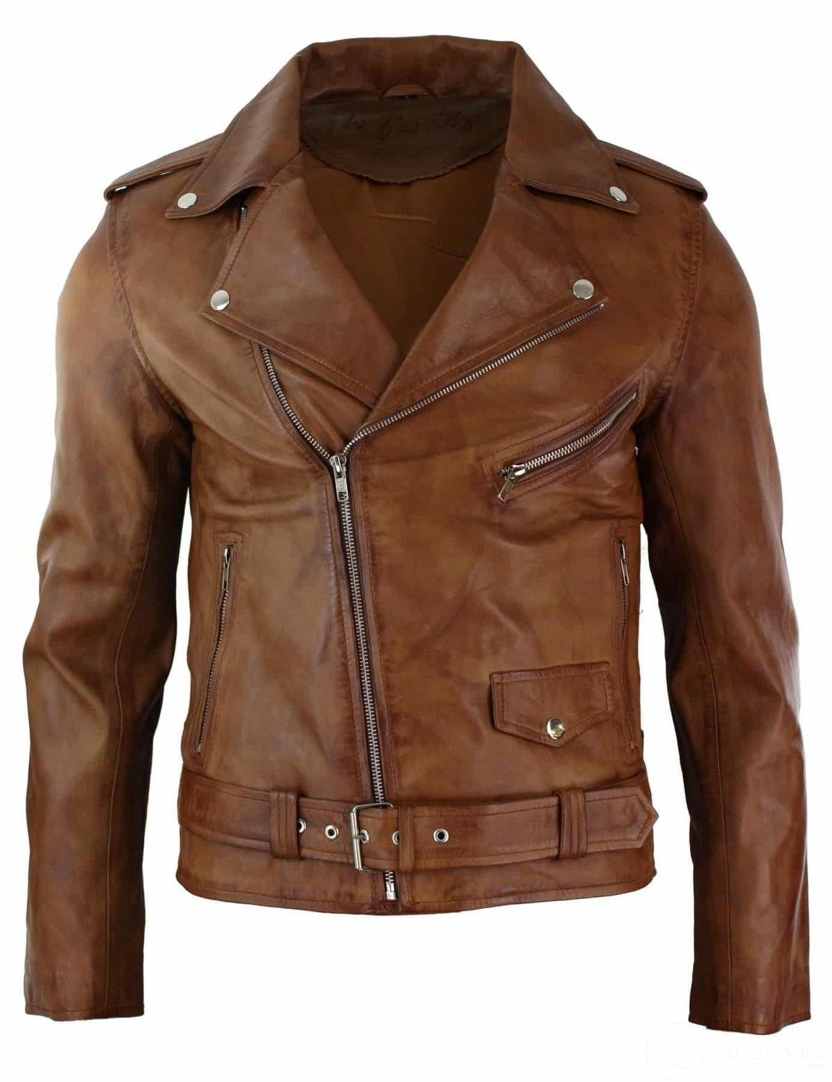 Real Leather Slim Fit Cross Zip Mens Retro Vintage Brando Jacket Vintage Biker-Tan The Leather Fit