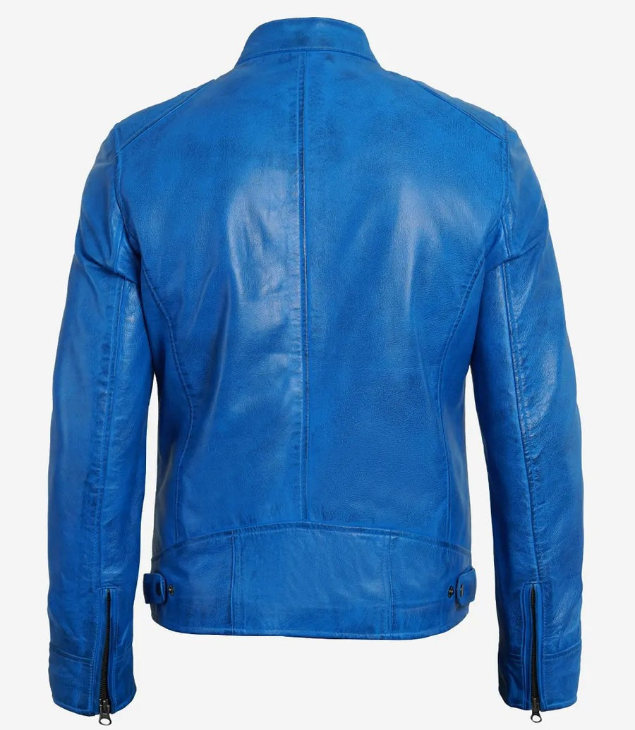Real Leather Men's Blue Cafe Racer Jacket The Leather Fit