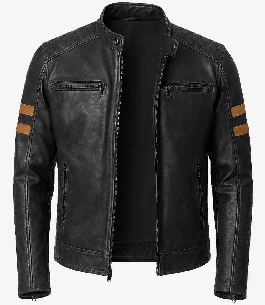 Mens Black Biker Style Leather Jacket with Tan Accent Stripes The Leather Fit