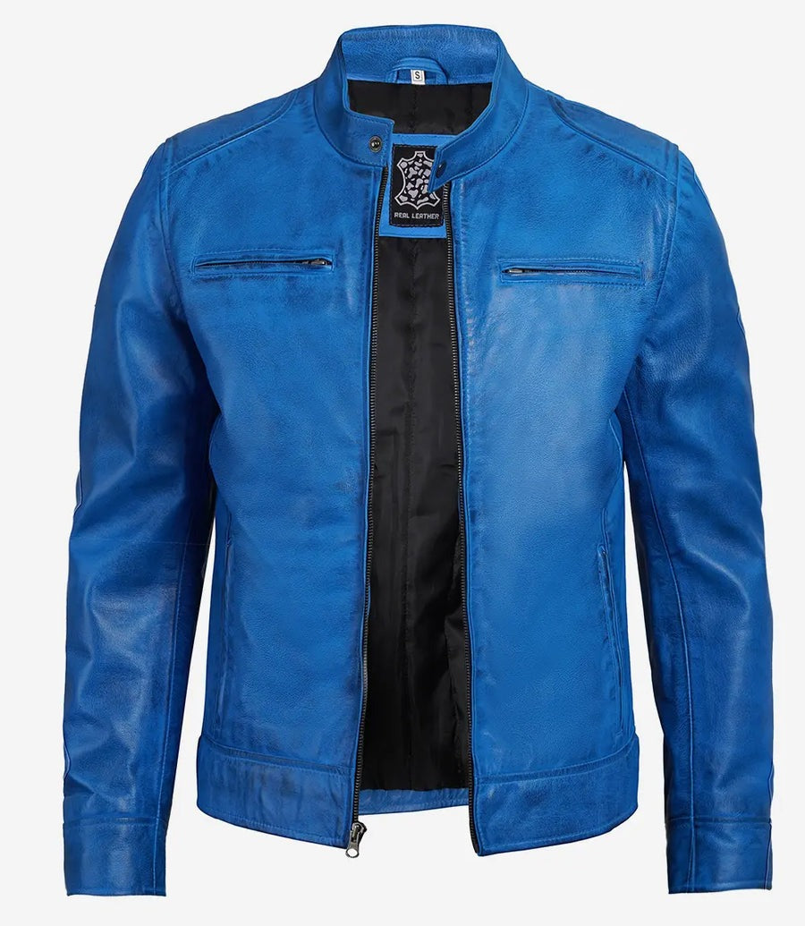 Real Leather Men's Blue Cafe Racer Jacket The Leather Fit