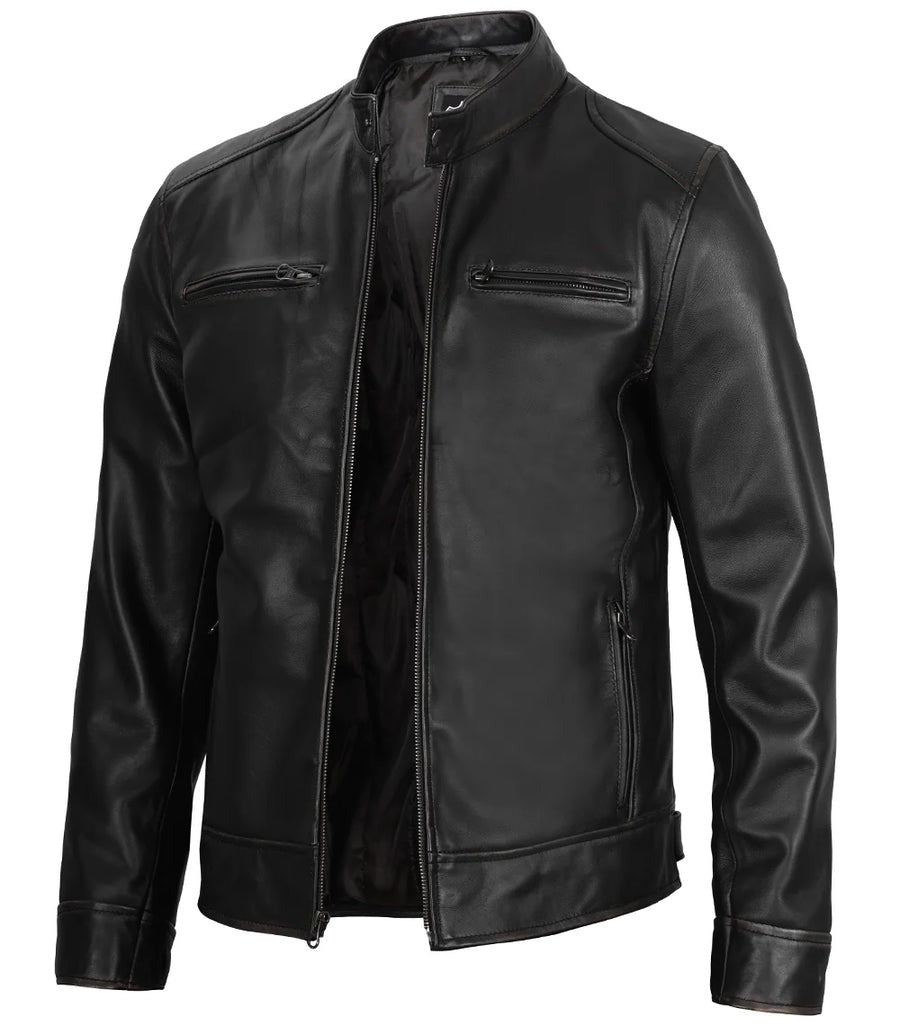 Real Leather Men's Black Cafe Racer Jacket The Leather Fit