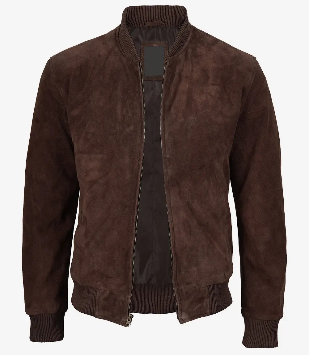 Men's Dark Brown Suede Bomber Jacket The Leather Fit