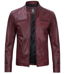 Real Leather Men's Burgundy Cafe Racer Jacket The Leather Fit