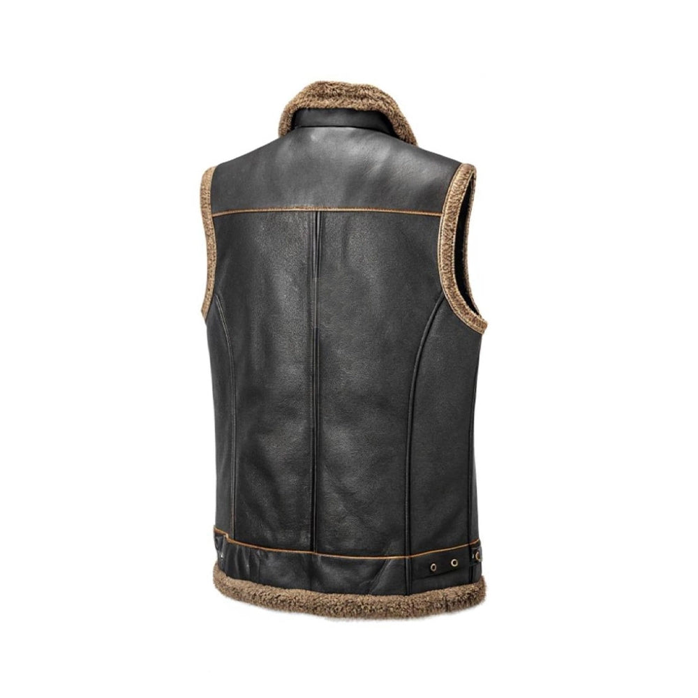 Men’s Black Vest With Brown Shearling Lining – Gilet with Zipper Pockets The Leather Fit