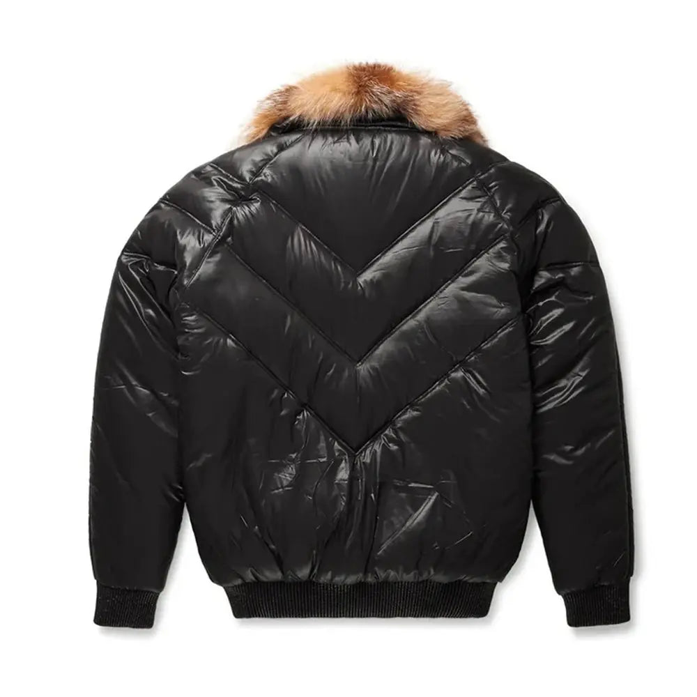 Men's Black Leather V-Puffer Jacket The Leather Fit