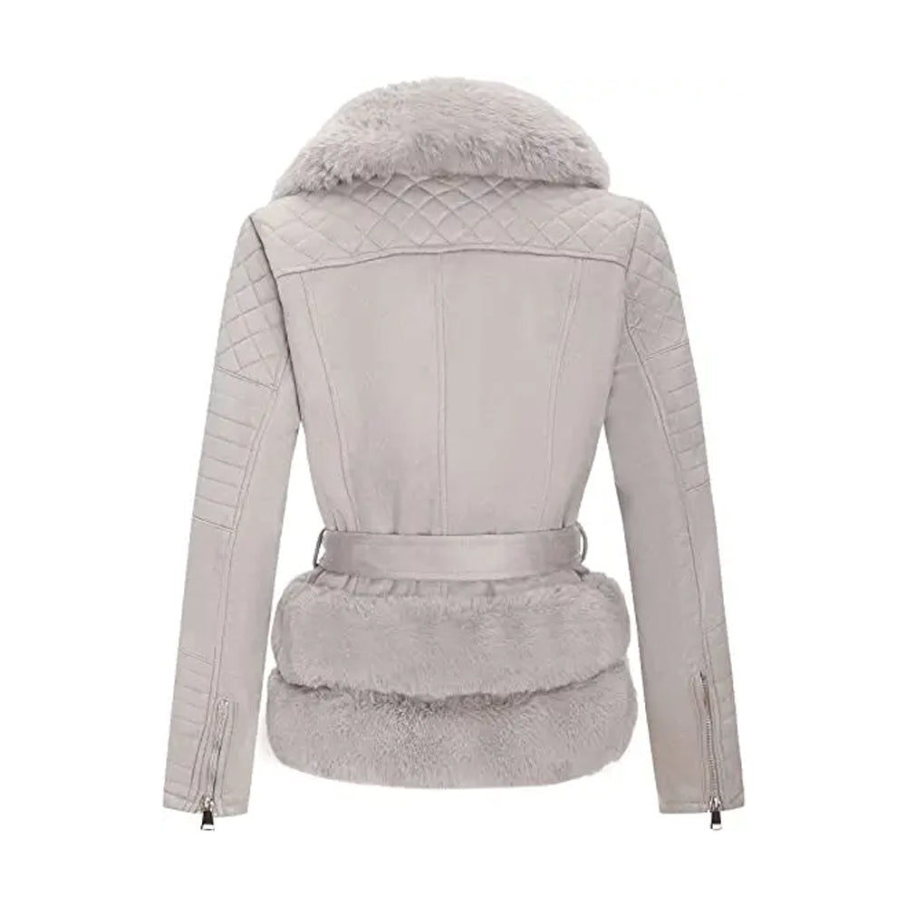 Women’s Gray Quilted Fur Leather Jacket The Leather Fit