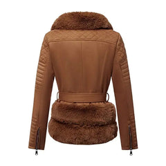 Women Brown Quilted Fur Leather Jacket The Leather Fit
