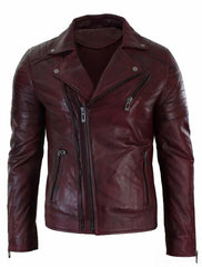 Real Leather Slim Fit Cross Zip Retro Vintage Brando Mens Jacket Vintage Biker-Burgundy The Leather Fit