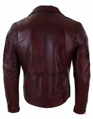 Real Leather Slim Fit Cross Zip Retro Vintage Brando Mens Jacket Vintage Biker-Burgundy The Leather Fit