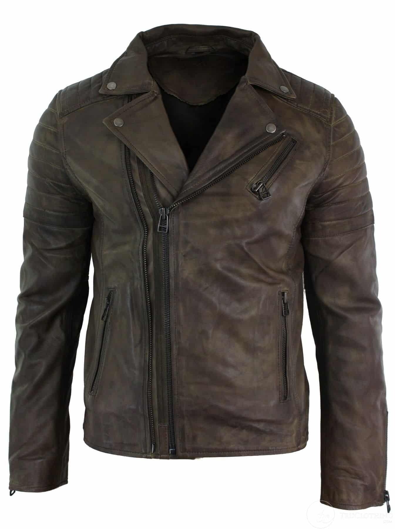 Real Leather Slim Fit Cross Zip Retro Vintage Brando Mens Jacket Vintage Biker-Brown The Leather Fit